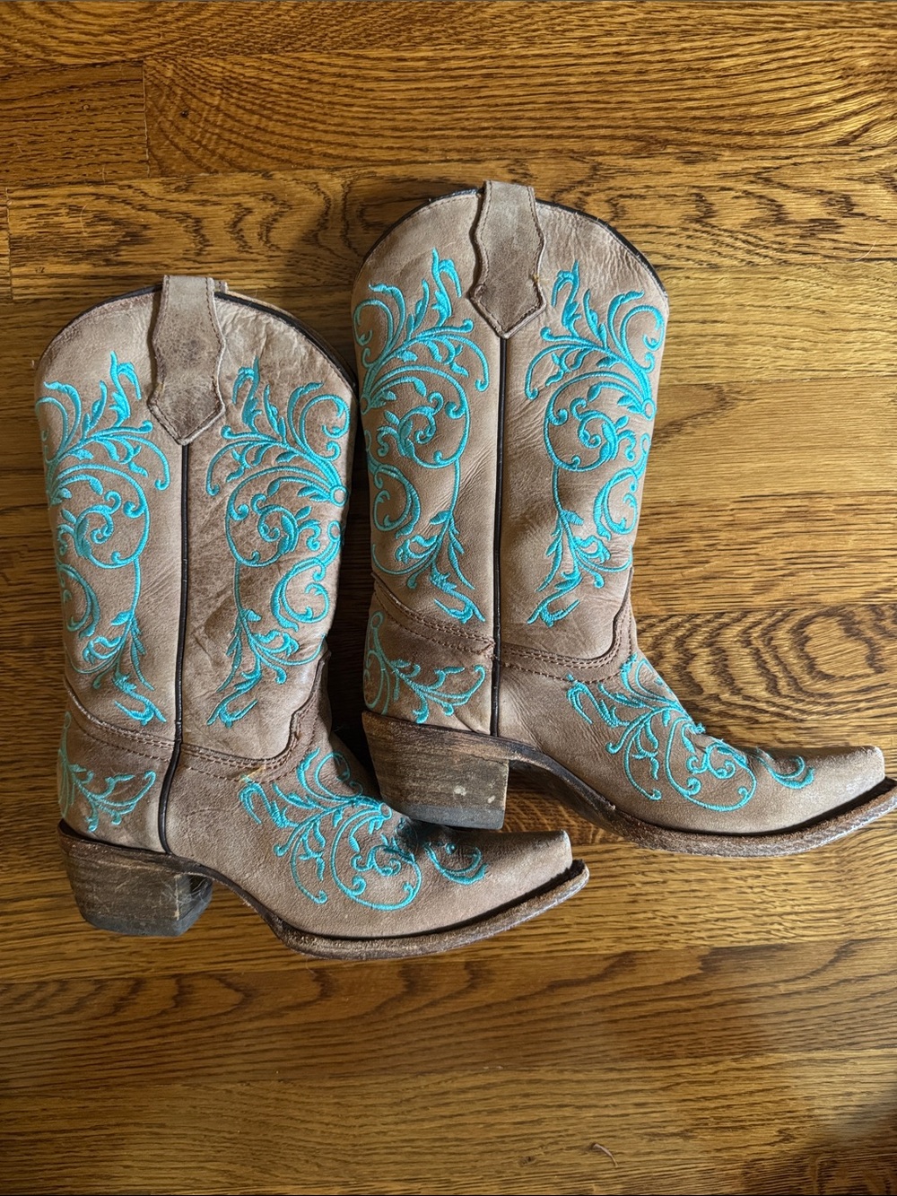 Teens Girl Corral Brown Leather Cowboy Boots with Turquoise Embroidery size 2.5
